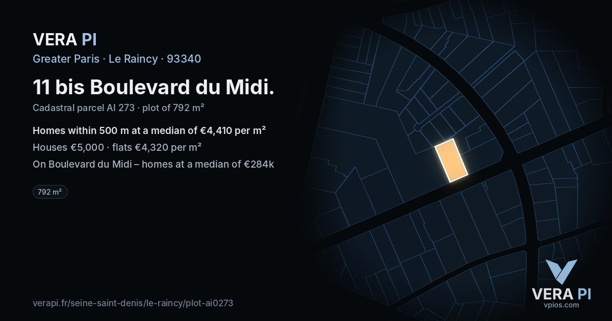 11 bis Boulevard du Midi, Le Raincy at night – the plot lit, the parcels around coloured by the prices near them