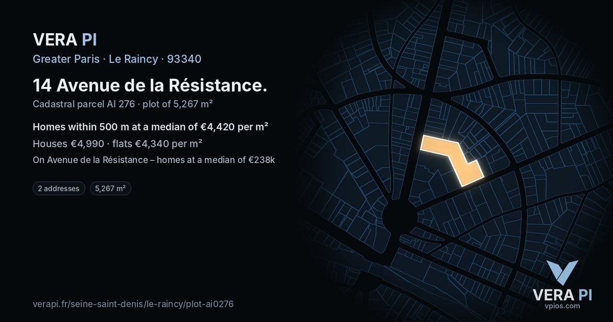14 Avenue de la Résistance, Le Raincy at night – the plot lit, the parcels around coloured by the prices near them