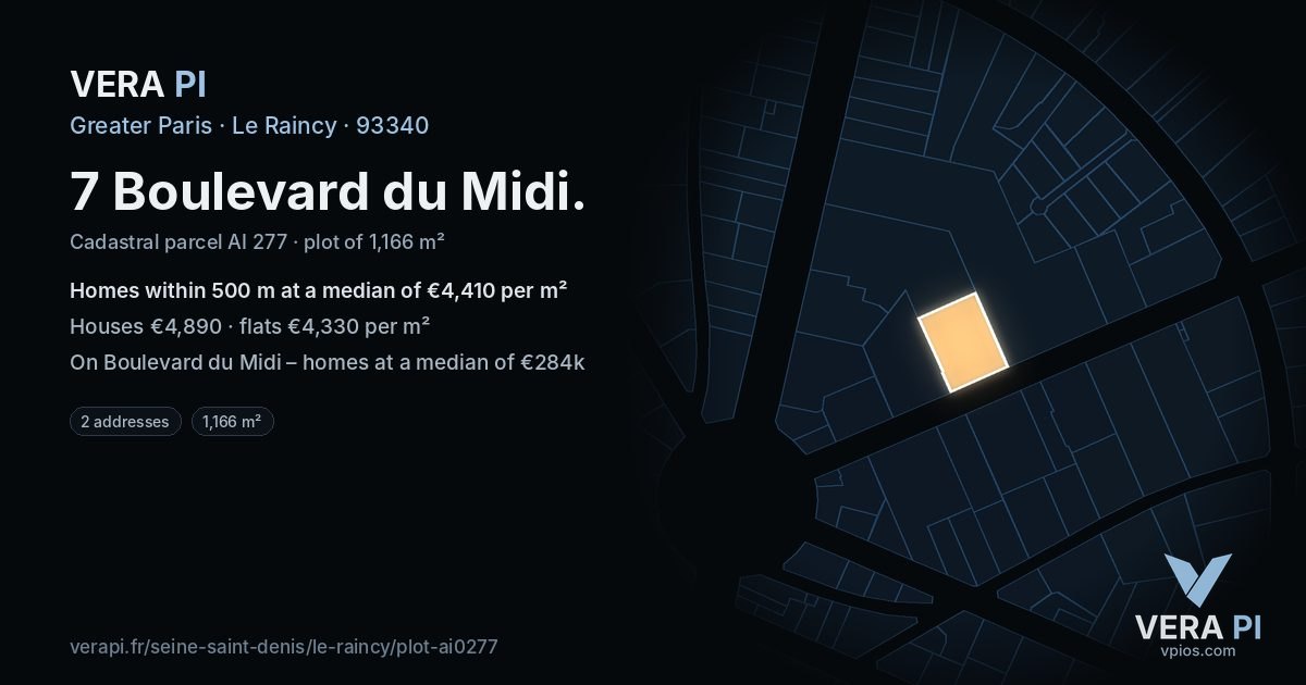 7 Boulevard du Midi, Le Raincy at night – the plot lit, the parcels around coloured by the prices near them