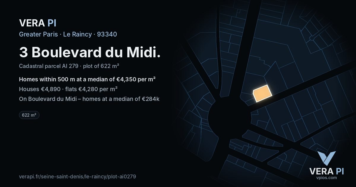 3 Boulevard du Midi, Le Raincy at night – the plot lit, the parcels around coloured by the prices near them