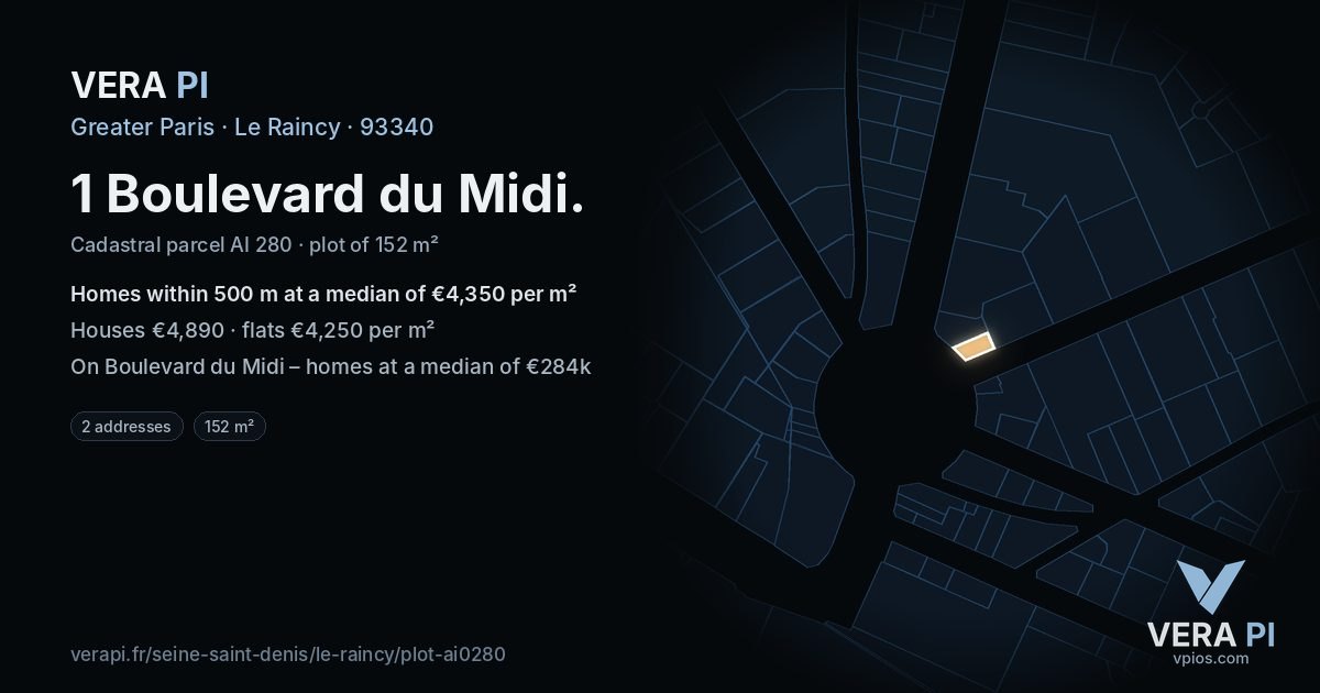 1 Boulevard du Midi, Le Raincy at night – the plot lit, the parcels around coloured by the prices near them