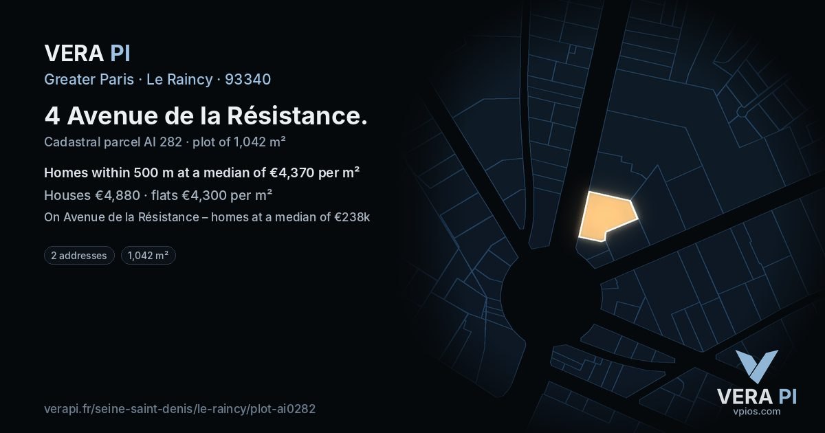 4 Avenue de la Résistance, Le Raincy at night – the plot lit, the parcels around coloured by the prices near them