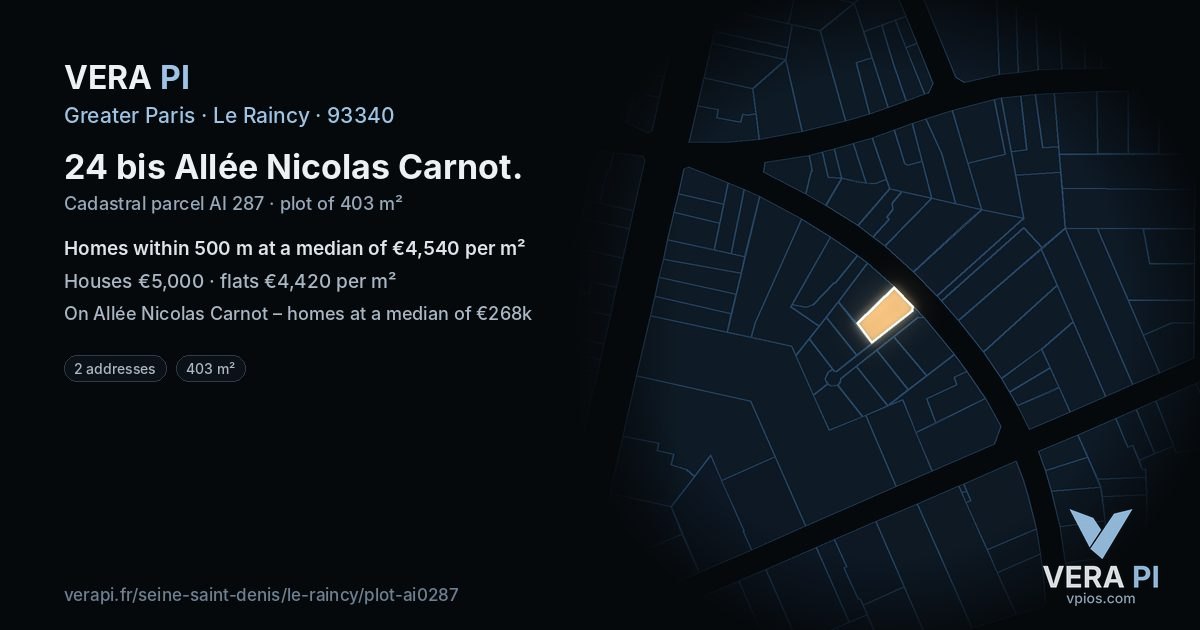 24 bis Allée Nicolas Carnot, Le Raincy at night – the plot lit, the parcels around coloured by the prices near them