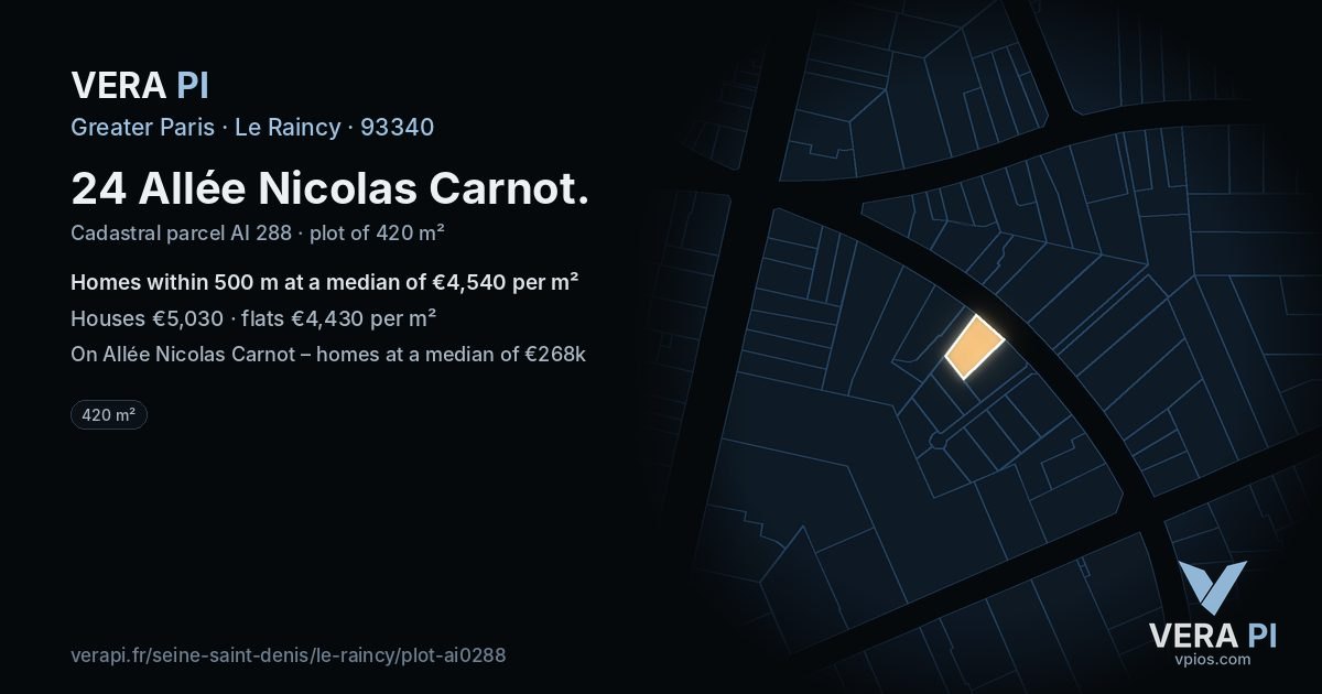 24 Allée Nicolas Carnot, Le Raincy at night – the plot lit, the parcels around coloured by the prices near them