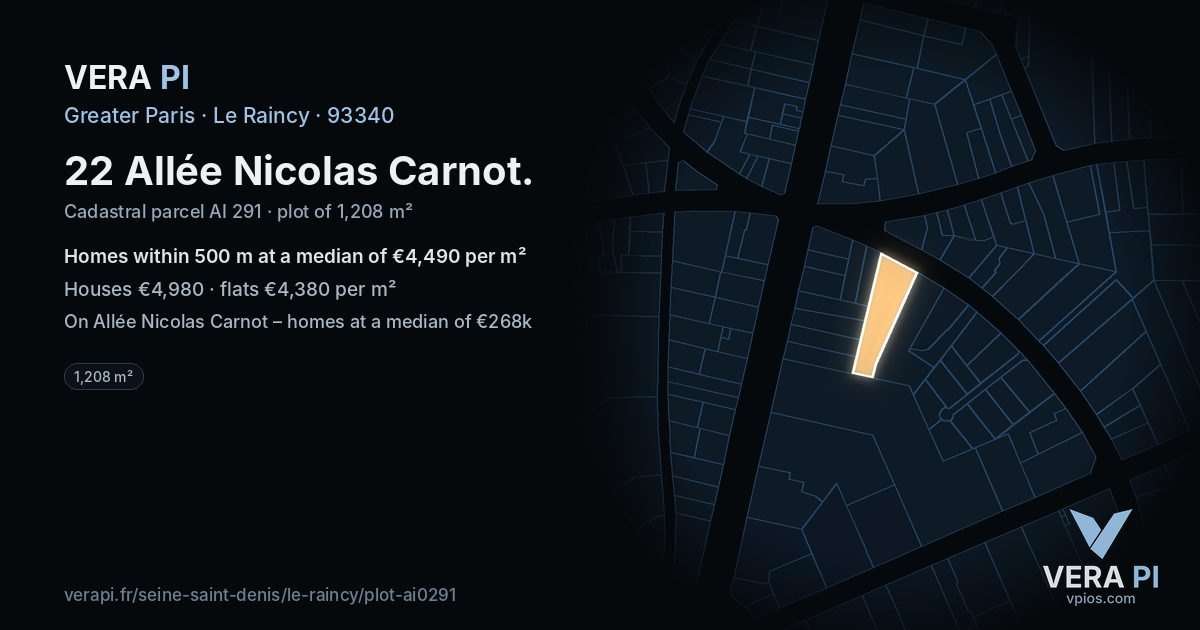 22 Allée Nicolas Carnot, Le Raincy at night – the plot lit, the parcels around coloured by the prices near them