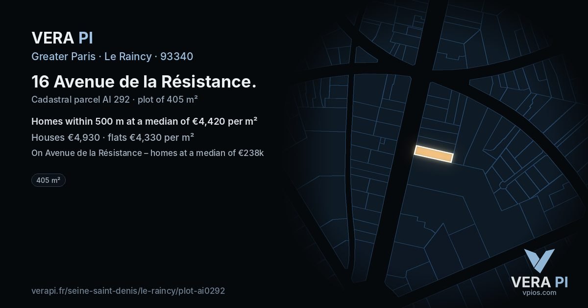 16 Avenue de la Résistance, Le Raincy at night – the plot lit, the parcels around coloured by the prices near them