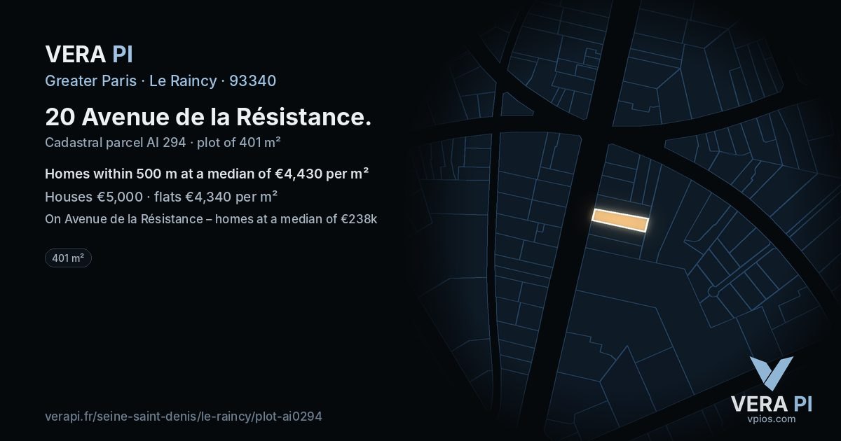 20 Avenue de la Résistance, Le Raincy at night – the plot lit, the parcels around coloured by the prices near them