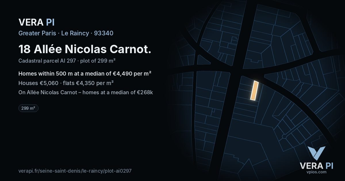 18 Allée Nicolas Carnot, Le Raincy at night – the plot lit, the parcels around coloured by the prices near them