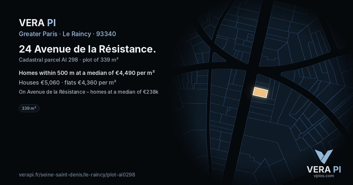 24 Avenue de la Résistance, Le Raincy at night – the plot lit, the parcels around coloured by the prices near them