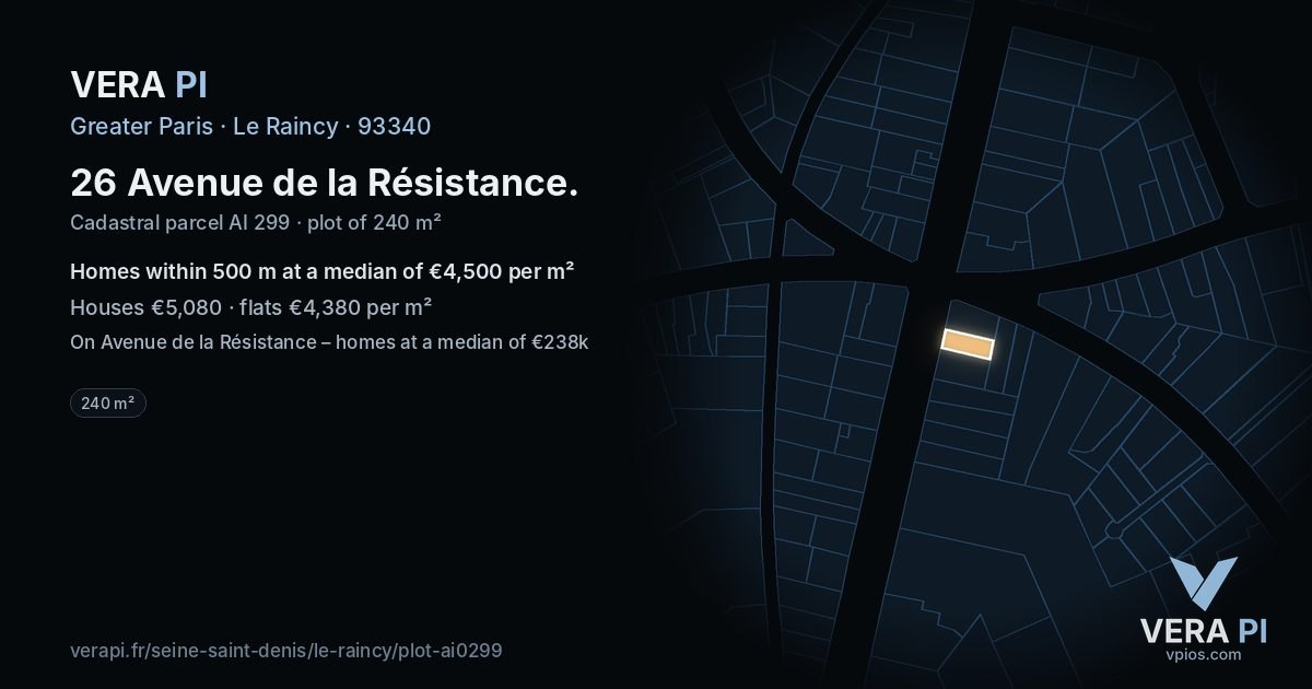 26 Avenue de la Résistance, Le Raincy at night – the plot lit, the parcels around coloured by the prices near them