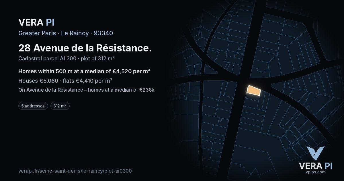 28 Avenue de la Résistance, Le Raincy at night – the plot lit, the parcels around coloured by the prices near them