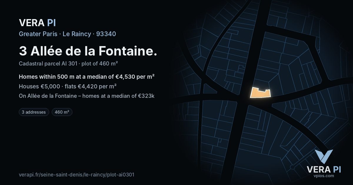 3 Allée de la Fontaine, Le Raincy at night – the plot lit, the parcels around coloured by the prices near them