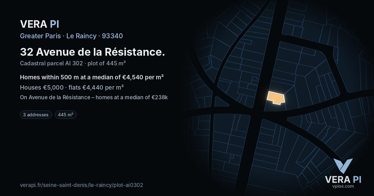 32 Avenue de la Résistance, Le Raincy at night – the plot lit, the parcels around coloured by the prices near them