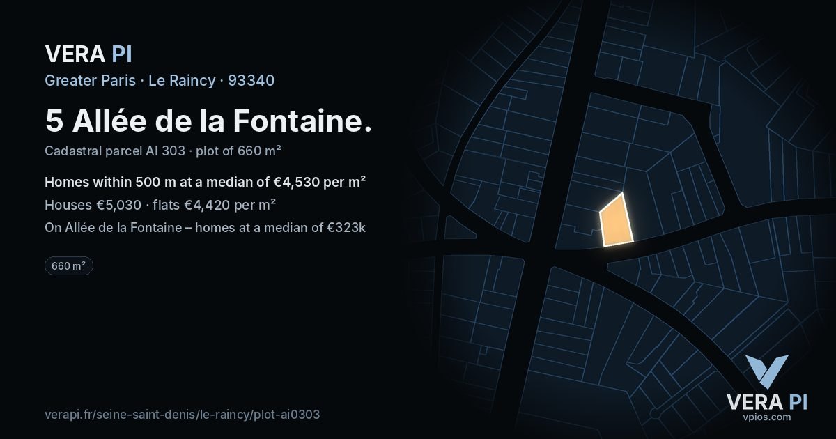 5 Allée de la Fontaine, Le Raincy at night – the plot lit, the parcels around coloured by the prices near them