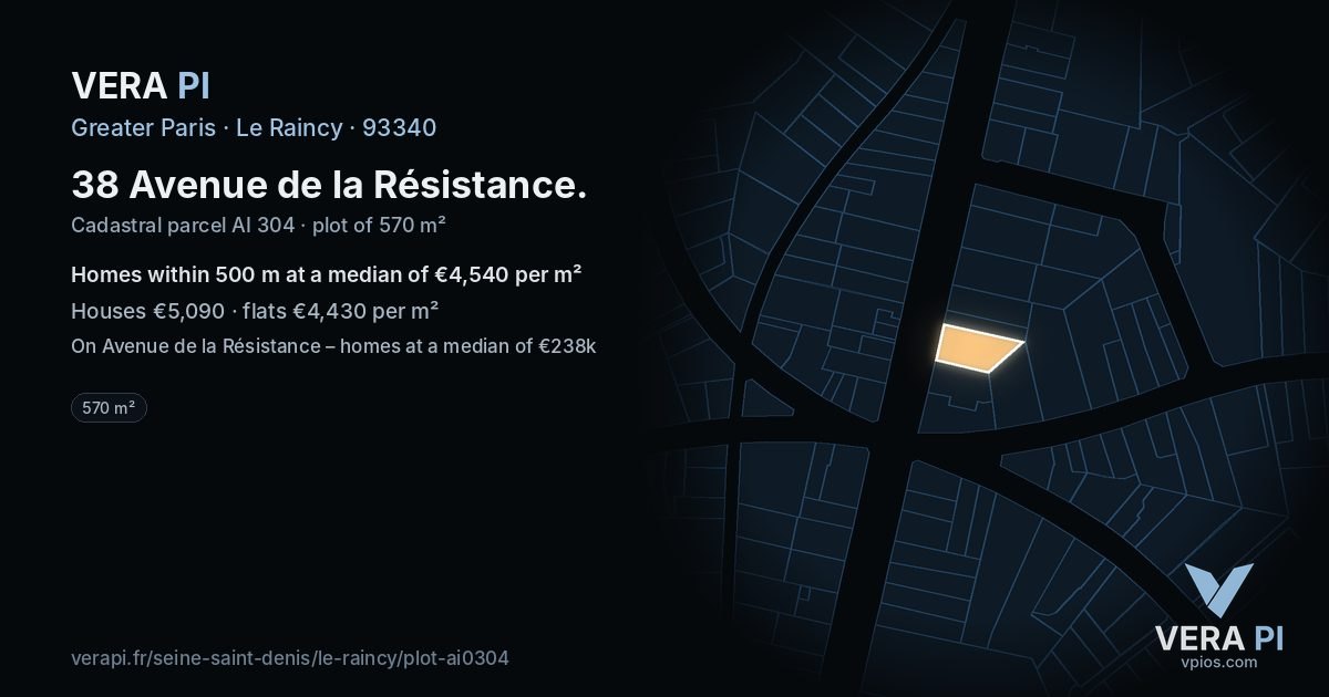 38 Avenue de la Résistance, Le Raincy at night – the plot lit, the parcels around coloured by the prices near them