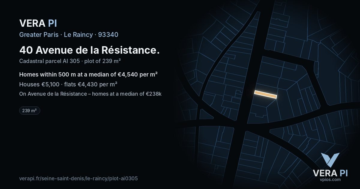 40 Avenue de la Résistance, Le Raincy at night – the plot lit, the parcels around coloured by the prices near them