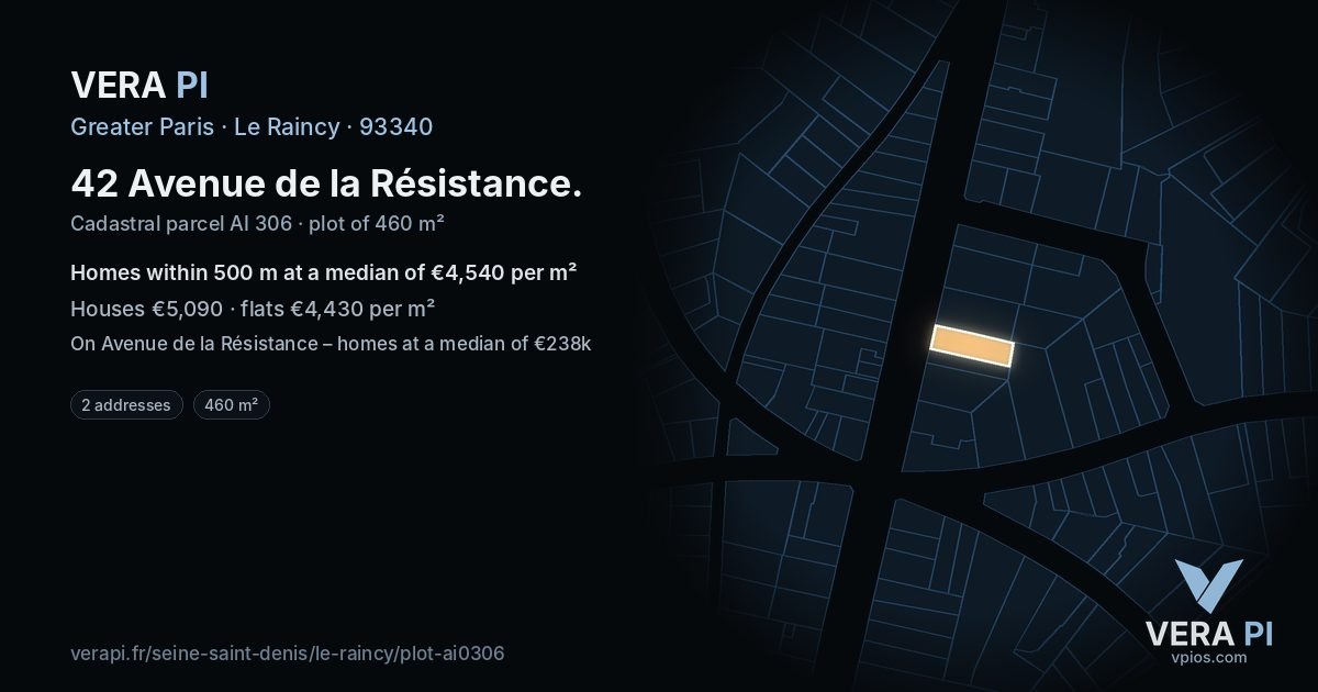 42 Avenue de la Résistance, Le Raincy at night – the plot lit, the parcels around coloured by the prices near them