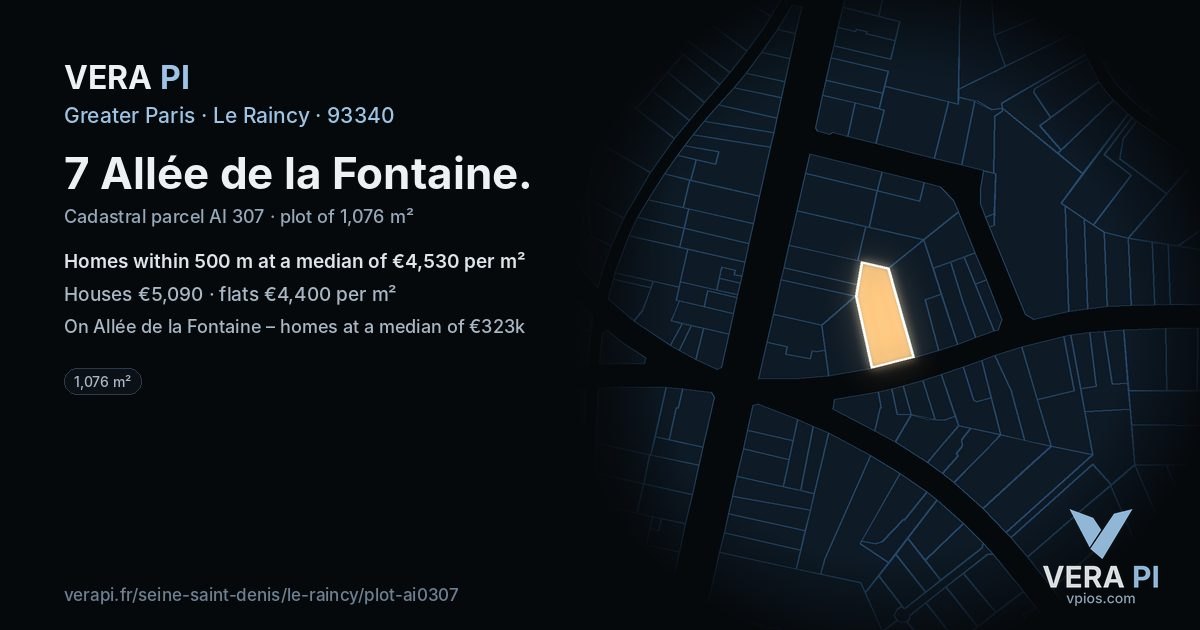 7 Allée de la Fontaine, Le Raincy at night – the plot lit, the parcels around coloured by the prices near them