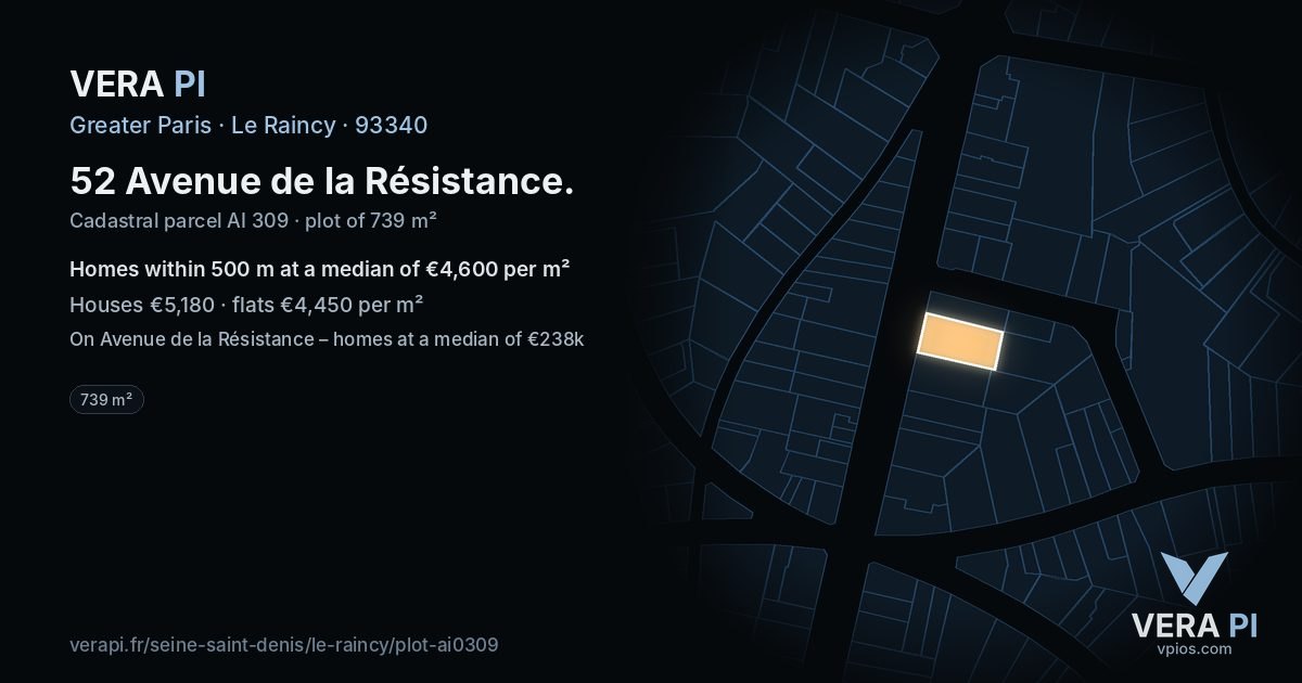 52 Avenue de la Résistance, Le Raincy at night – the plot lit, the parcels around coloured by the prices near them