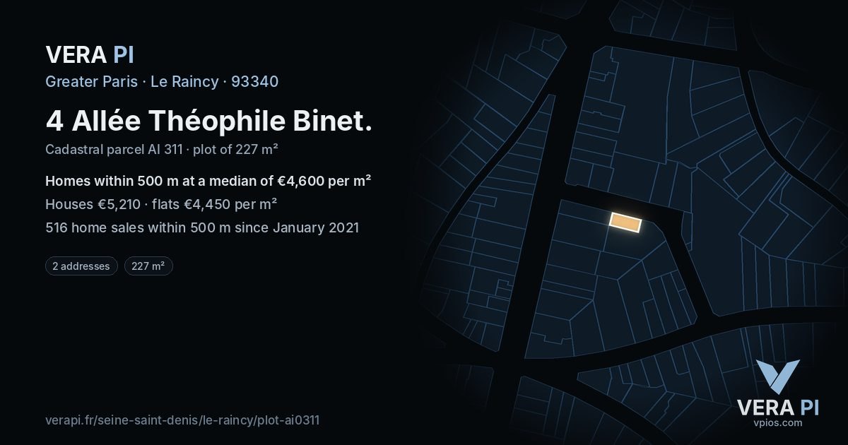 4 Allée Théophile Binet, Le Raincy at night – the plot lit, the parcels around coloured by the prices near them