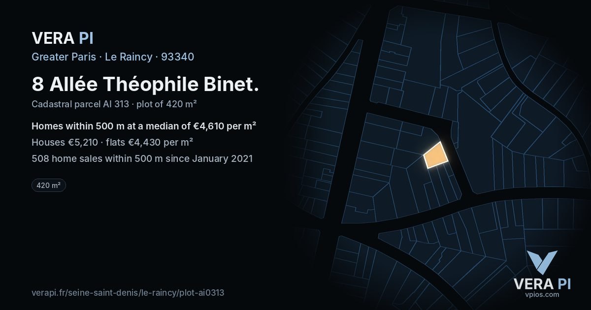 8 Allée Théophile Binet, Le Raincy at night – the plot lit, the parcels around coloured by the prices near them