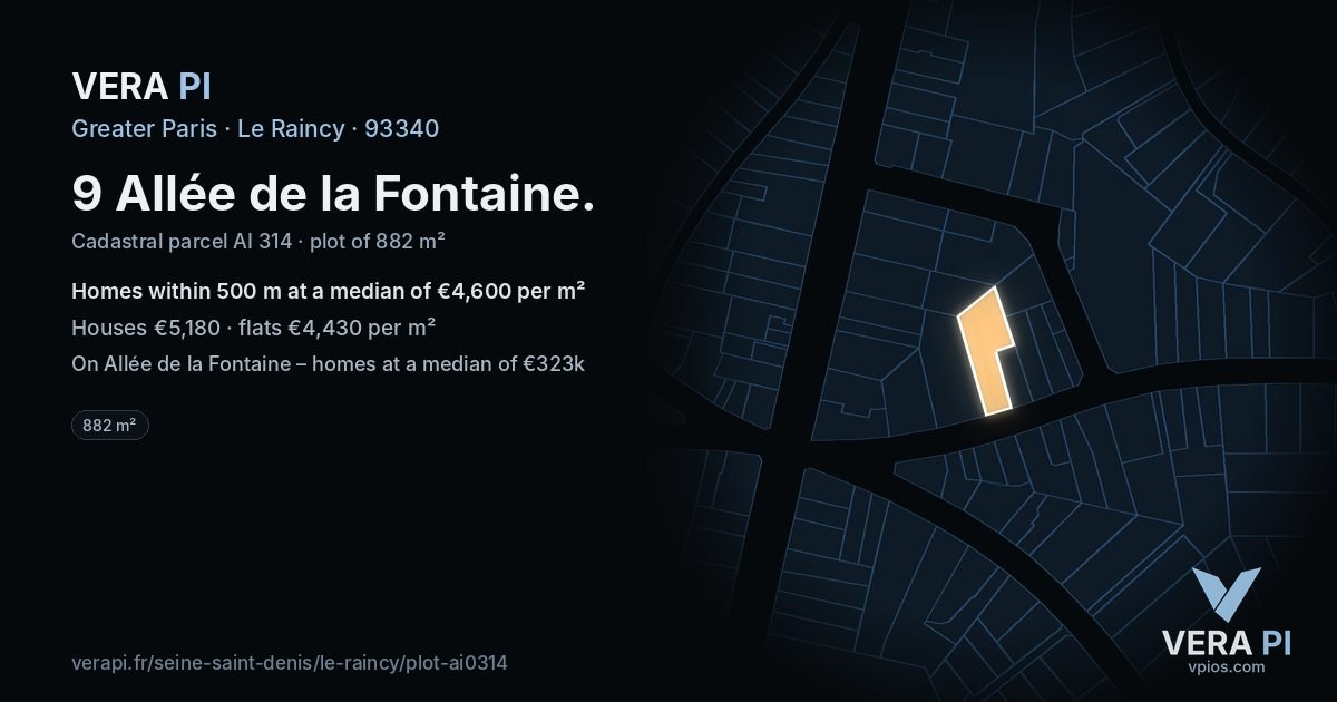 9 Allée de la Fontaine, Le Raincy at night – the plot lit, the parcels around coloured by the prices near them