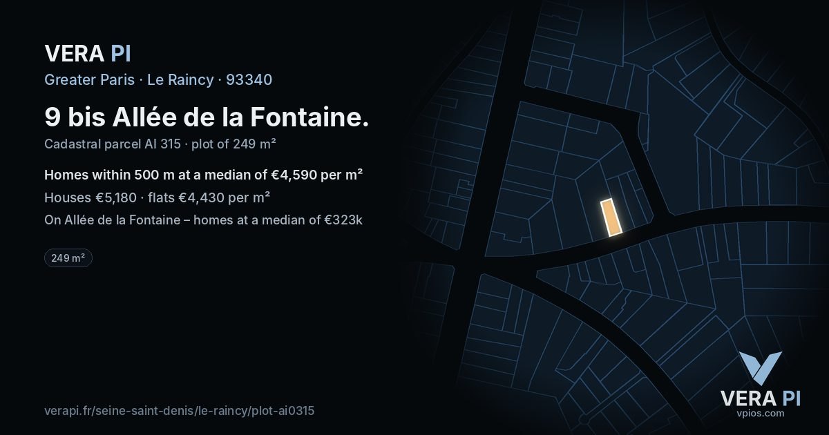 9 bis Allée de la Fontaine, Le Raincy at night – the plot lit, the parcels around coloured by the prices near them