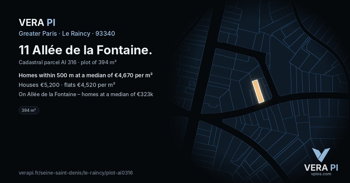 11 Allée de la Fontaine, Le Raincy at night – the plot lit, the parcels around coloured by the prices near them
