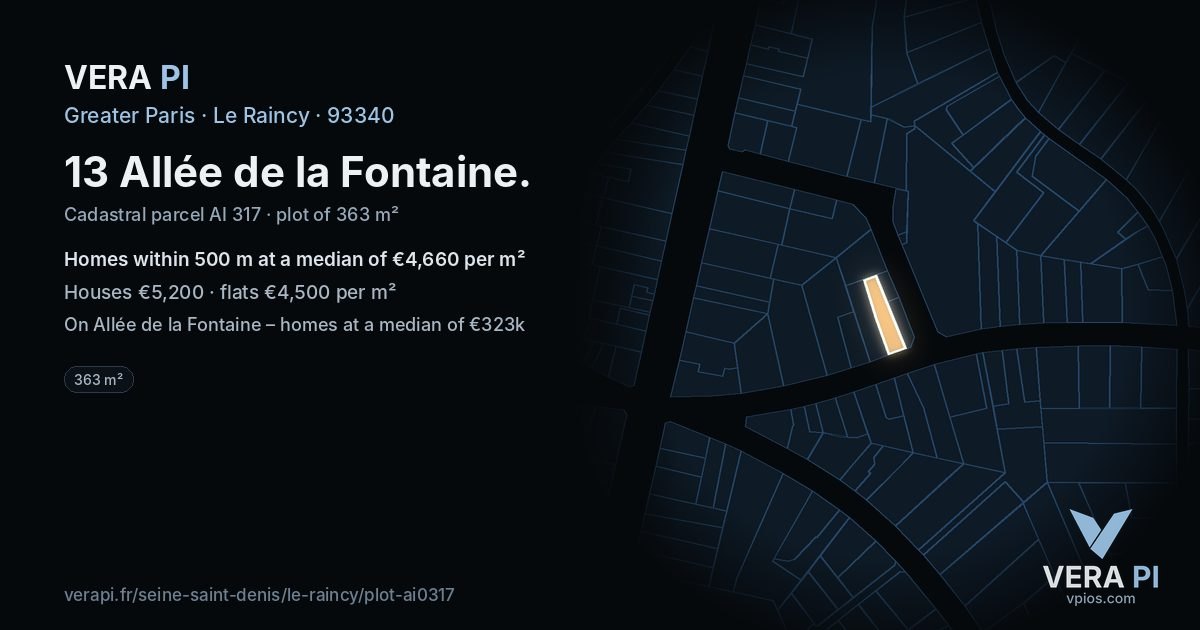 13 Allée de la Fontaine, Le Raincy at night – the plot lit, the parcels around coloured by the prices near them