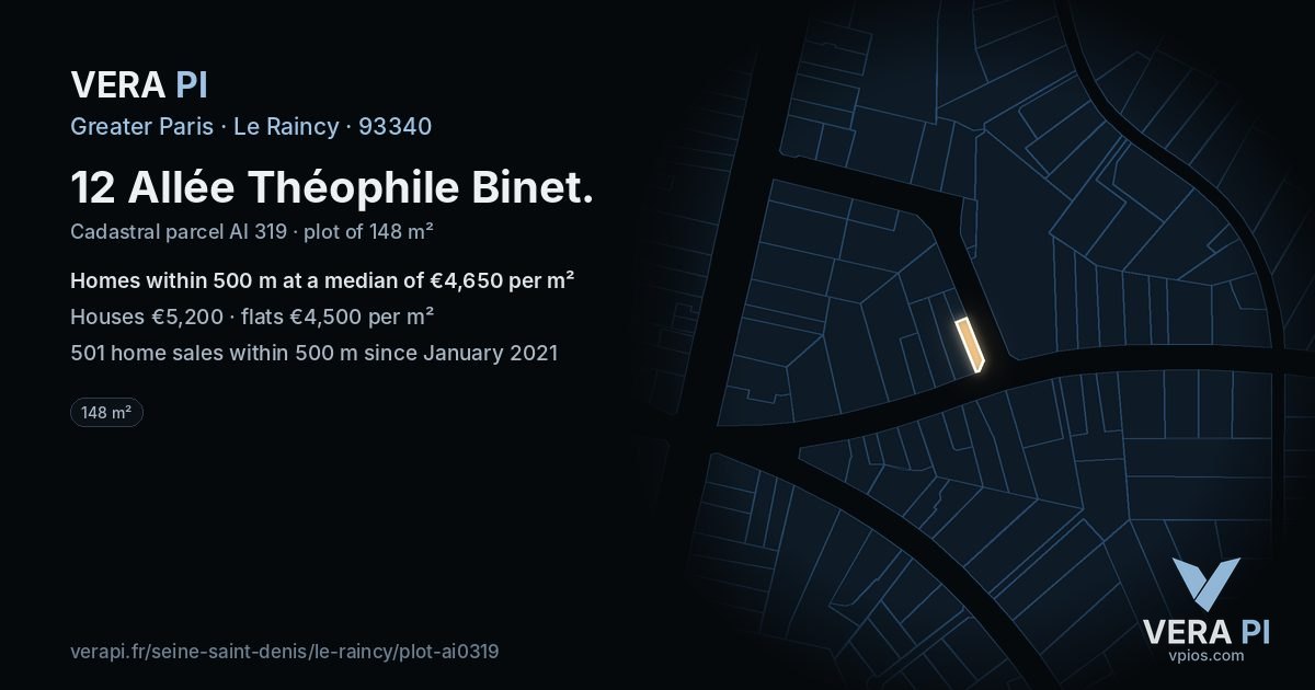 12 Allée Théophile Binet, Le Raincy at night – the plot lit, the parcels around coloured by the prices near them