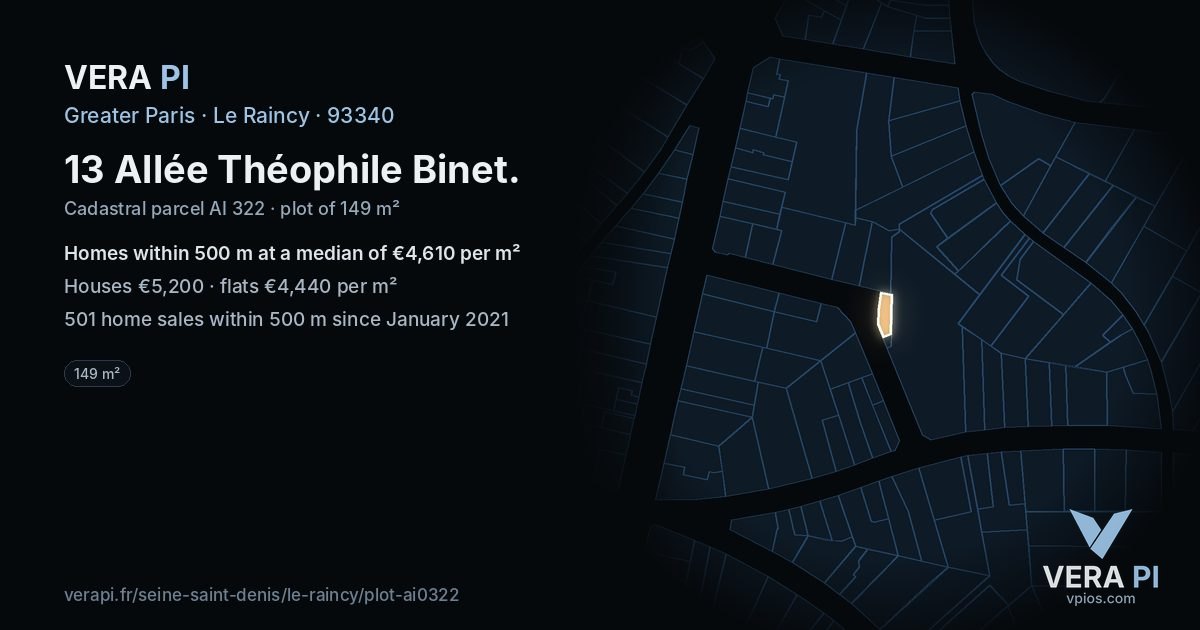 13 Allée Théophile Binet, Le Raincy at night – the plot lit, the parcels around coloured by the prices near them