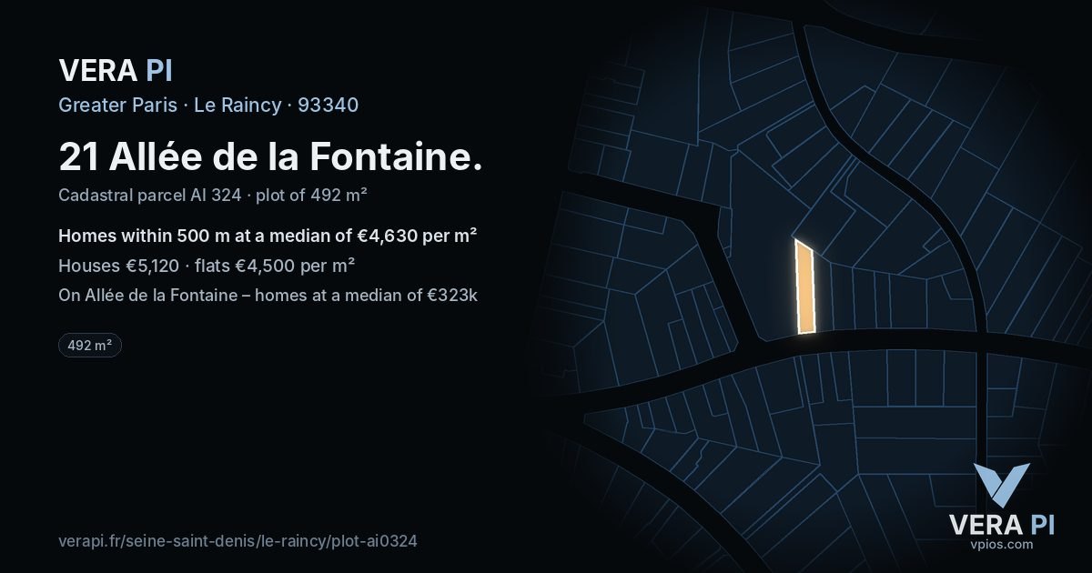 21 Allée de la Fontaine, Le Raincy at night – the plot lit, the parcels around coloured by the prices near them