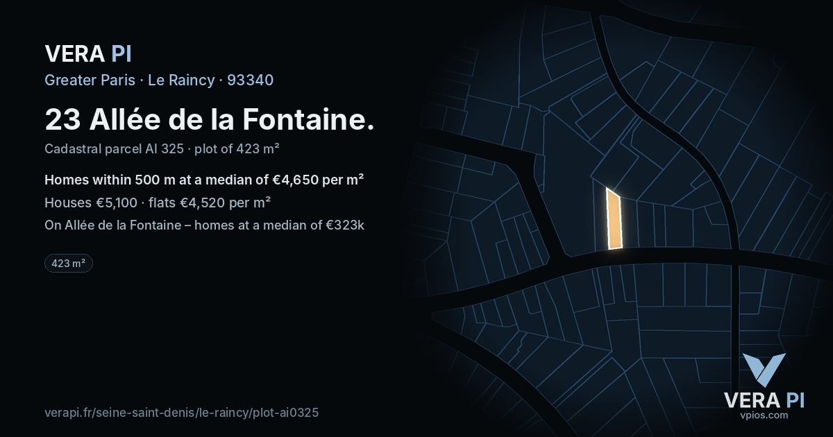 23 Allée de la Fontaine, Le Raincy at night – the plot lit, the parcels around coloured by the prices near them