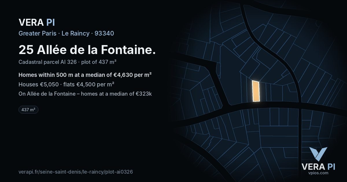 25 Allée de la Fontaine, Le Raincy at night – the plot lit, the parcels around coloured by the prices near them