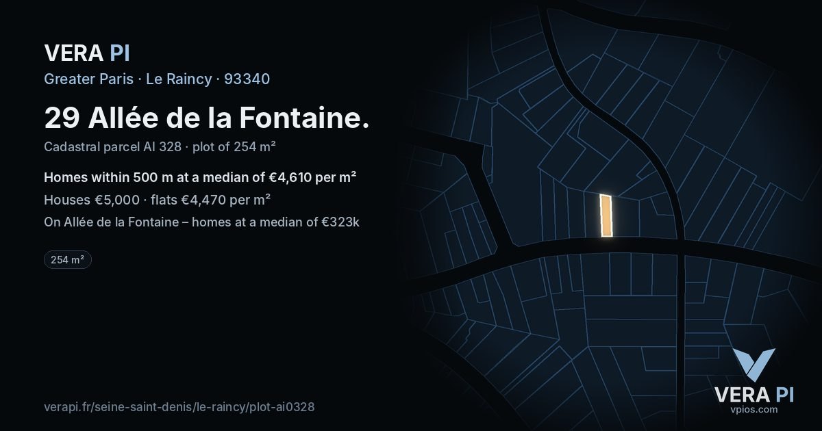29 Allée de la Fontaine, Le Raincy at night – the plot lit, the parcels around coloured by the prices near them