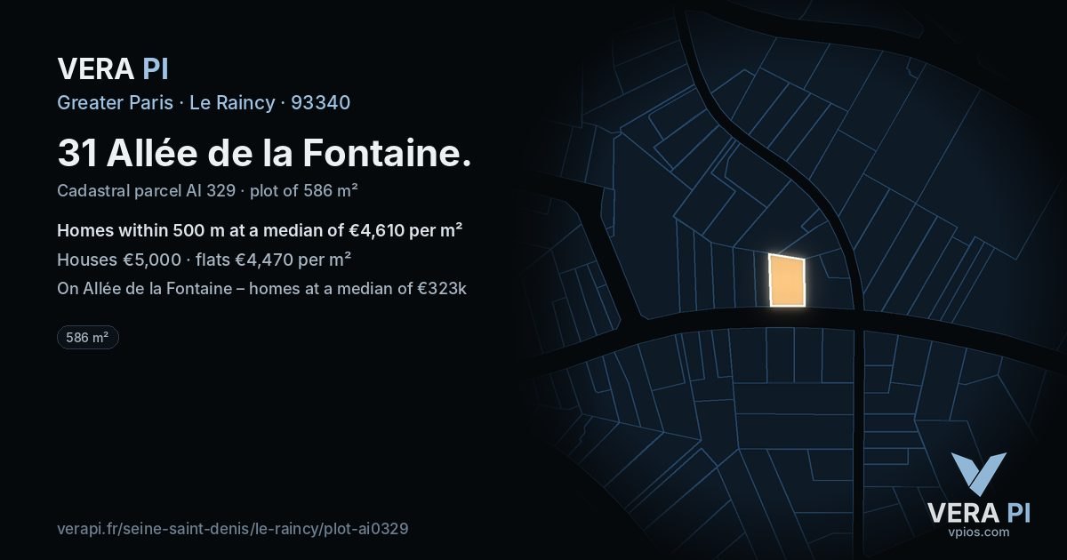 31 Allée de la Fontaine, Le Raincy at night – the plot lit, the parcels around coloured by the prices near them