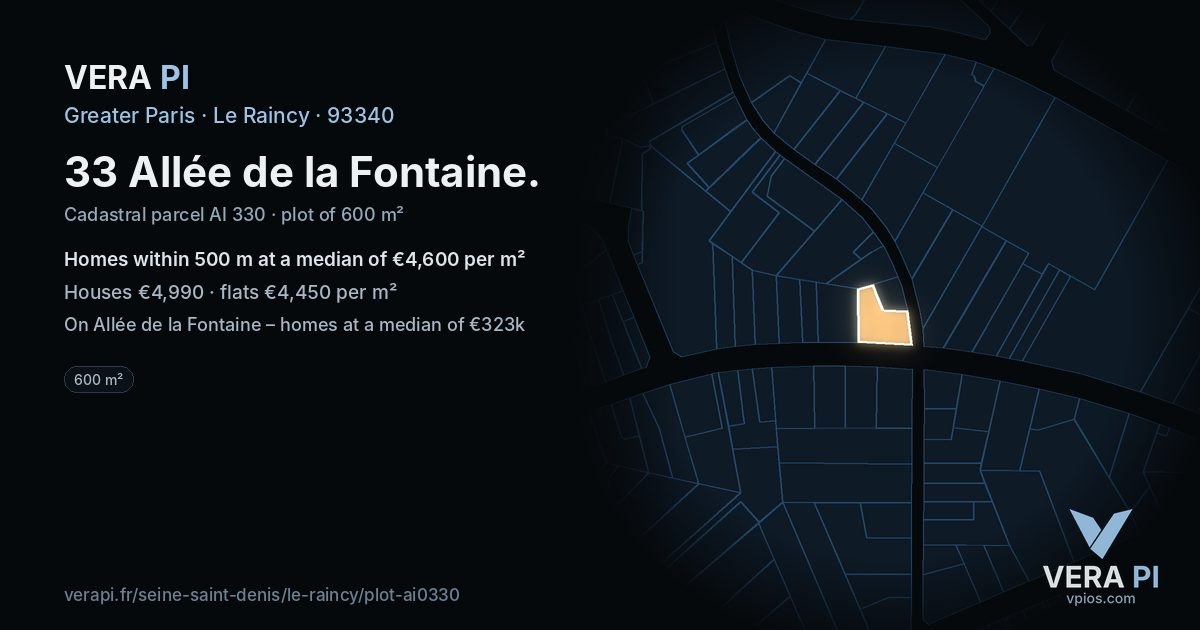 33 Allée de la Fontaine, Le Raincy at night – the plot lit, the parcels around coloured by the prices near them