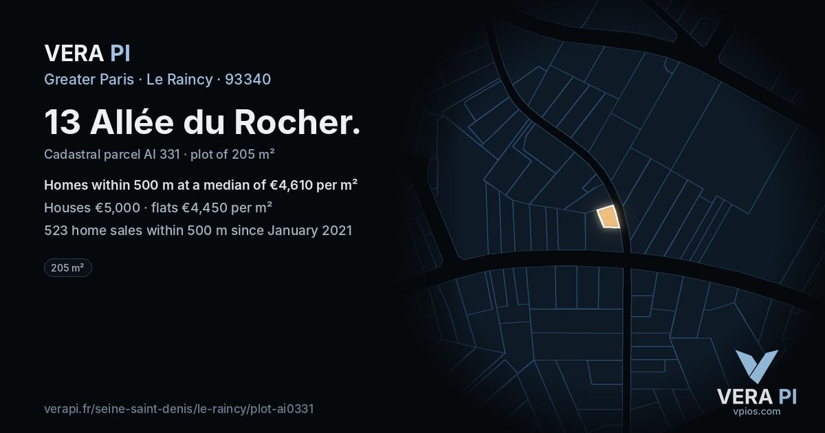 13 Allée du Rocher, Le Raincy at night – the plot lit, the parcels around coloured by the prices near them