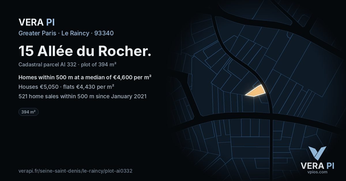 15 Allée du Rocher, Le Raincy at night – the plot lit, the parcels around coloured by the prices near them