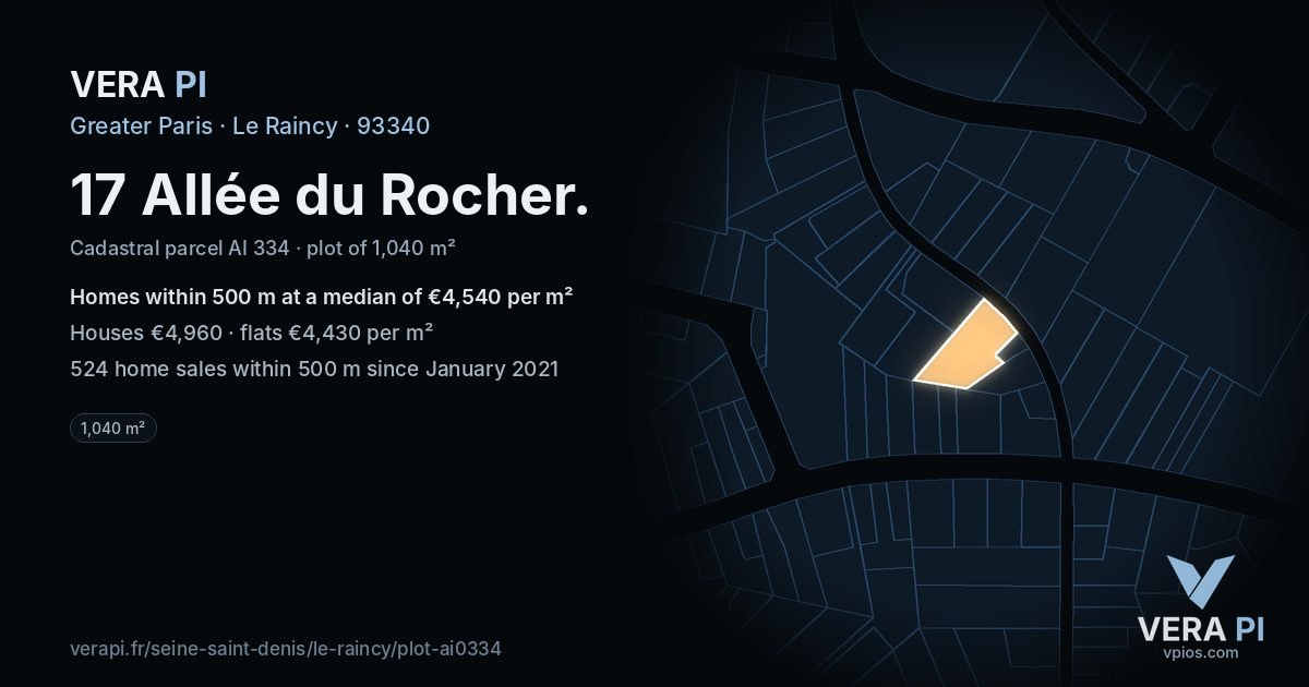 17 Allée du Rocher, Le Raincy at night – the plot lit, the parcels around coloured by the prices near them