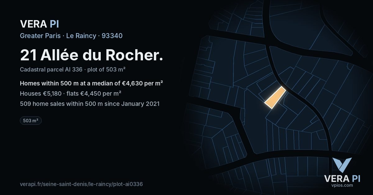 21 Allée du Rocher, Le Raincy at night – the plot lit, the parcels around coloured by the prices near them