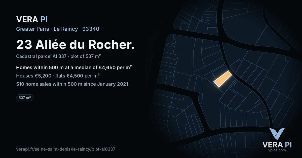 23 Allée du Rocher, Le Raincy at night – the plot lit, the parcels around coloured by the prices near them