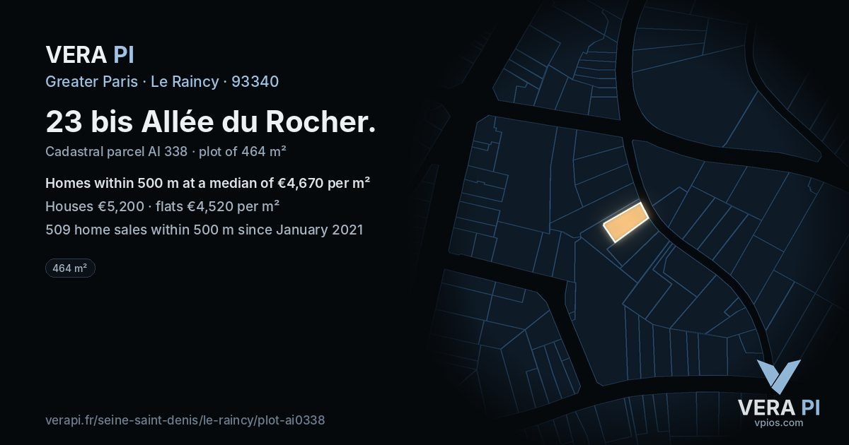 23 bis Allée du Rocher, Le Raincy at night – the plot lit, the parcels around coloured by the prices near them