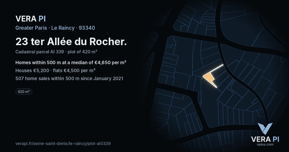 23 ter Allée du Rocher, Le Raincy at night – the plot lit, the parcels around coloured by the prices near them