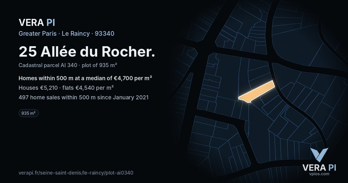 25 Allée du Rocher, Le Raincy at night – the plot lit, the parcels around coloured by the prices near them