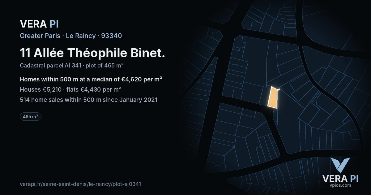 11 Allée Théophile Binet, Le Raincy at night – the plot lit, the parcels around coloured by the prices near them