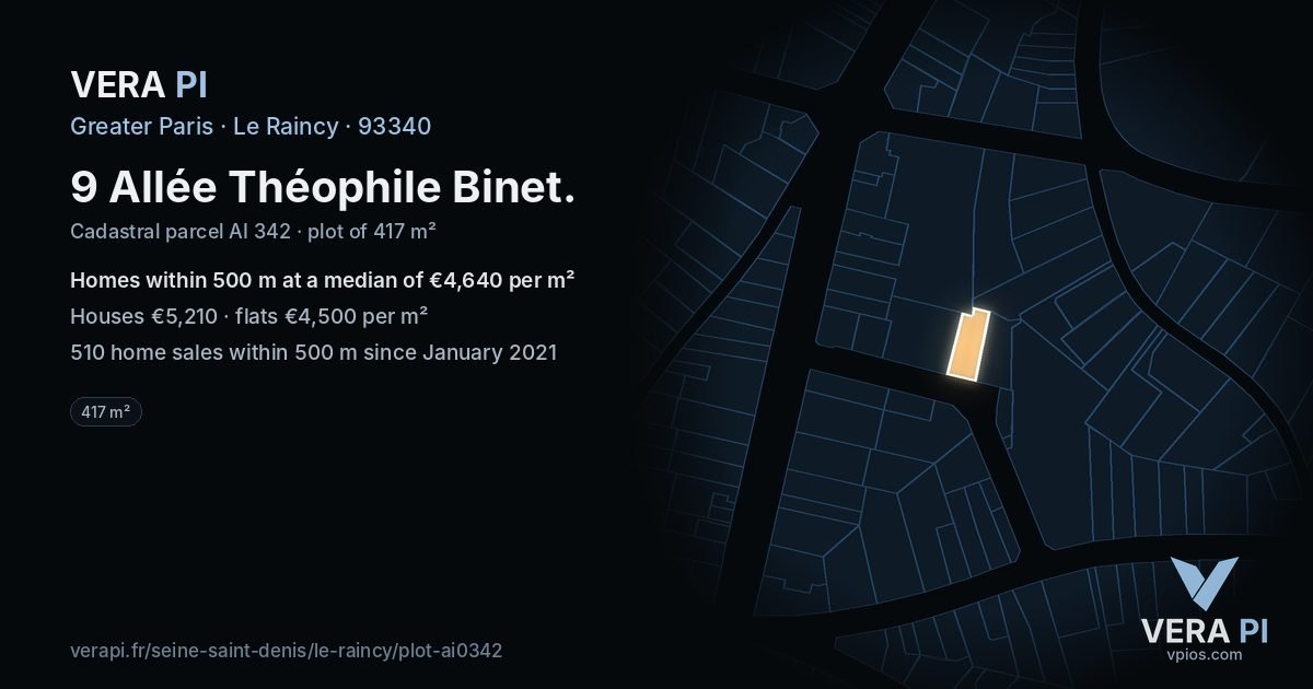 9 Allée Théophile Binet, Le Raincy at night – the plot lit, the parcels around coloured by the prices near them