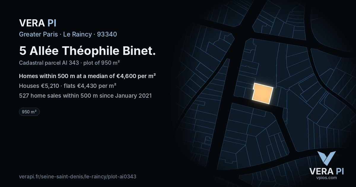 5 Allée Théophile Binet, Le Raincy at night – the plot lit, the parcels around coloured by the prices near them
