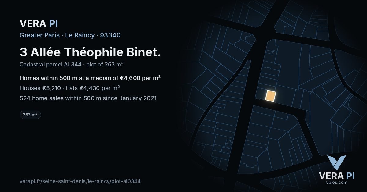 3 Allée Théophile Binet, Le Raincy at night – the plot lit, the parcels around coloured by the prices near them