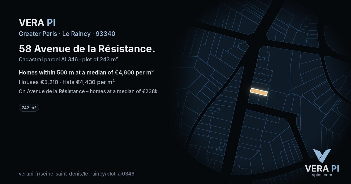 58 Avenue de la Résistance, Le Raincy at night – the plot lit, the parcels around coloured by the prices near them
